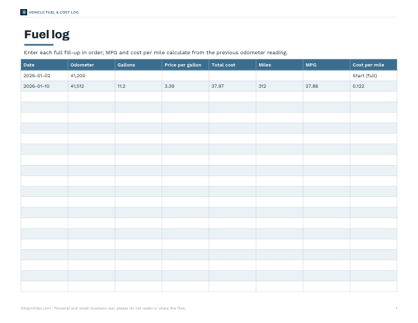 Preview of Printable Fuel Mileage Log